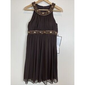 NWT Xscape Brown Embellished Flowy Halter Dress Lined Size 6p $179